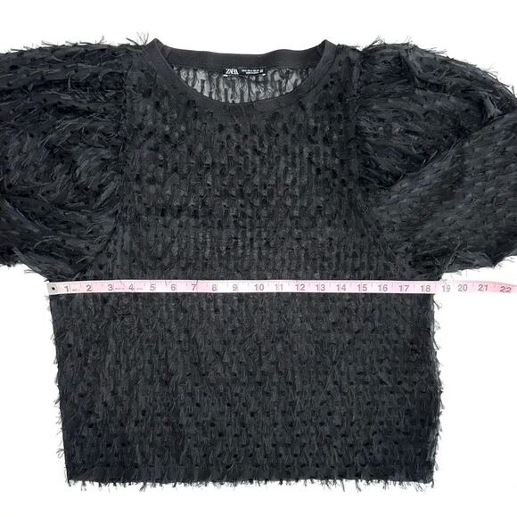 Zara Black Fringe Balloon Sleeve Top Size Small - Picture 11 of 12